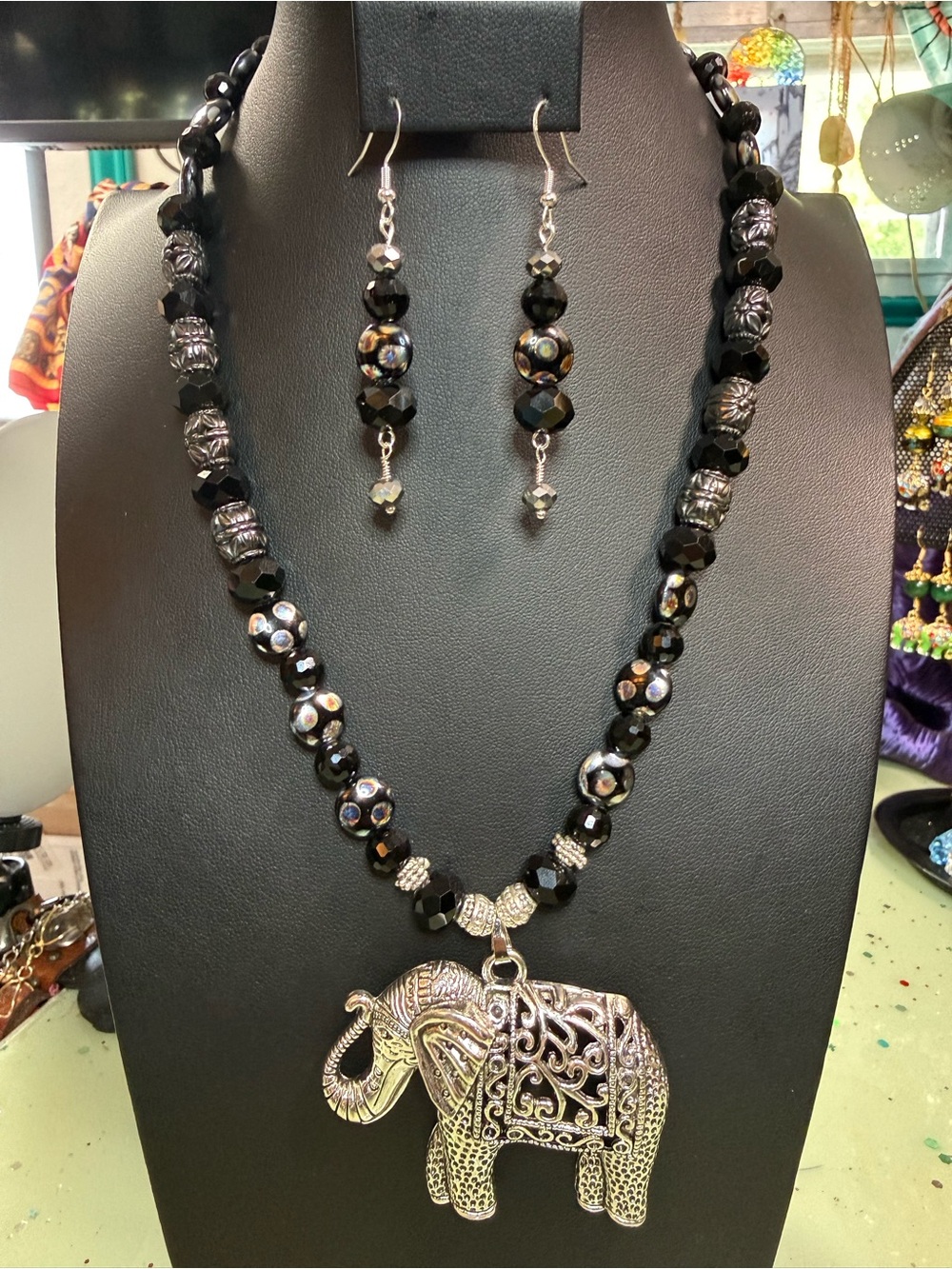 Artisan Czech Glass & Black Crystal Silver-Tone Elephant Necklace & Earrings Set
